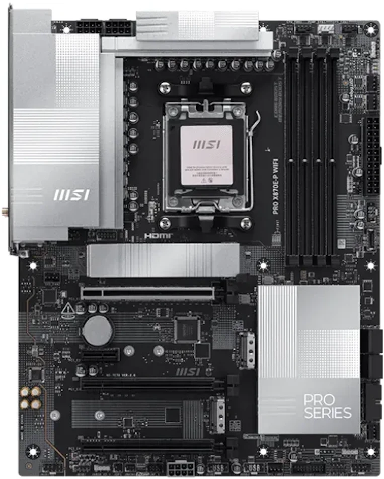 Pagrindinė plokštė MSI PRO X870E-P WIFI | Procesorių šeima AMD | Procesoriaus lizdas AM5 | DDR5 UDIMM | Palaikomos standžiojo disko sąsajos SATA, M.2 | SATA jungčių skaičius 4