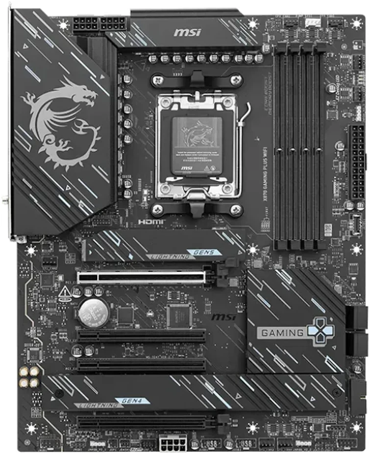 Pagrindinė plokštė MSI X870E GAMING PLUS WIFI | Procesorių šeima AMD | Procesoriaus lizdas AM5 | DDR5 UDIMM | Palaikomos standžiojo disko sąsajos SATA, M.2 | SATA jungčių skaičius 4