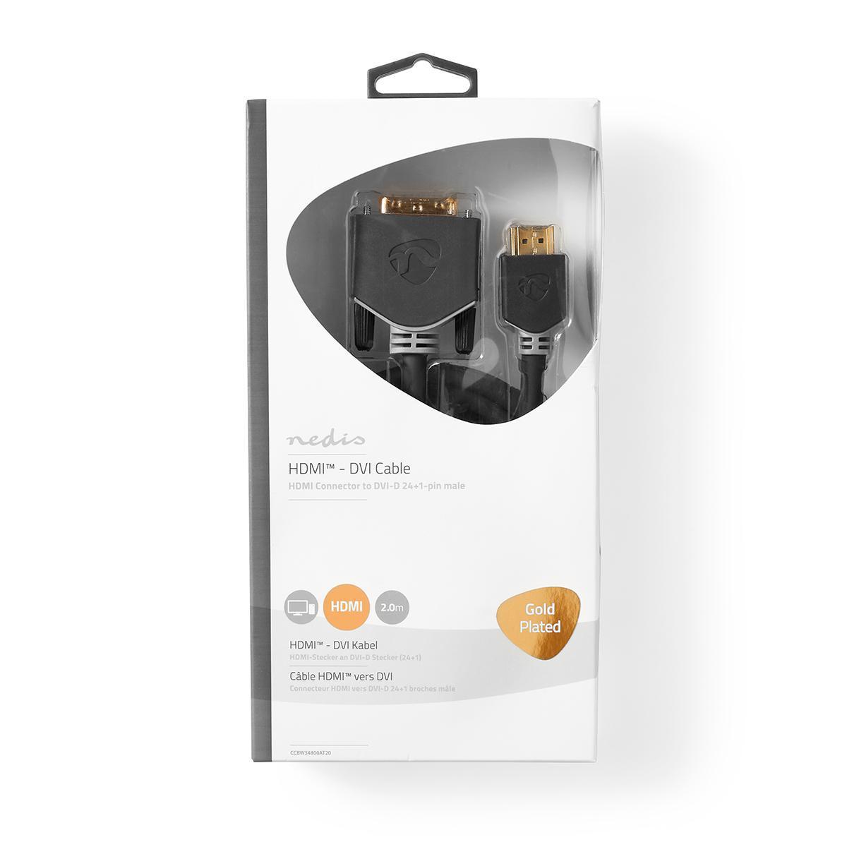 Nedis HDMI™ kabelis | HDMI™ jungtis | DVI-D 24+1 kontaktų jungtis 1080p | Paauksuotas | 2,00m | Tiesus | PVC | Antracitas | Pakuotė su langu ir Eu