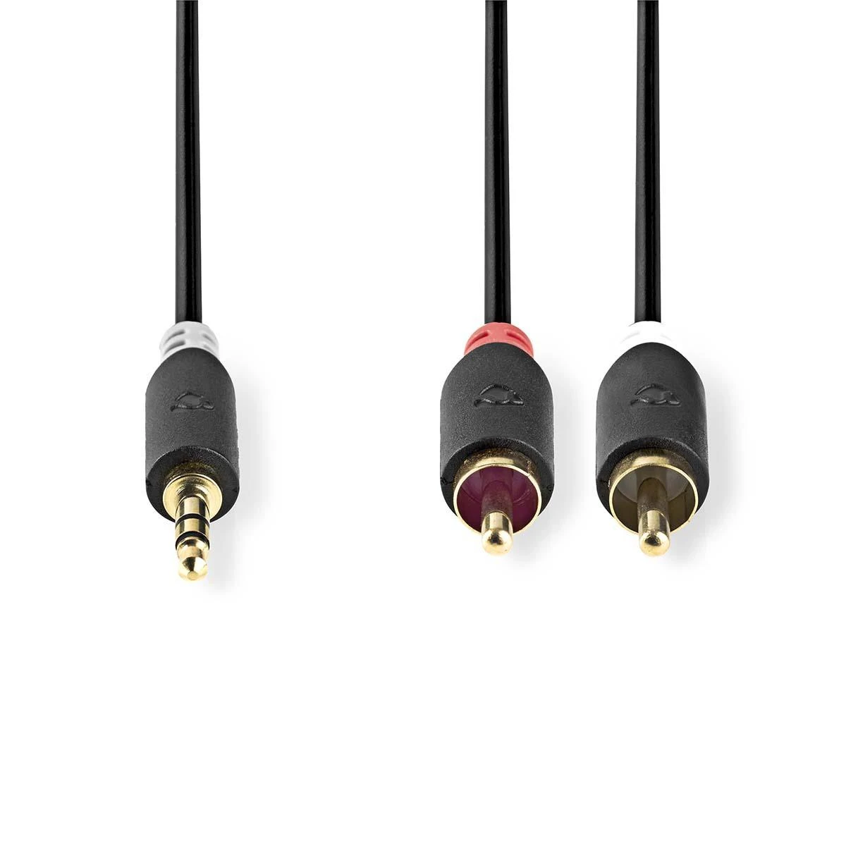 3,5 mm į 2x RCA garso kabelio jungtys
