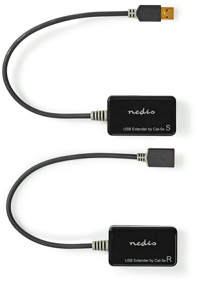 Nedis USB ilgintuvas | USB1.1 | 1x RJ45 moteriška | 1x USB-A lizdas | 1x USB-A kištukas | 1x RJ45 moteriška | 50 metrų | 12Mbps | paauksuotas | apvalus | PVC | juodas