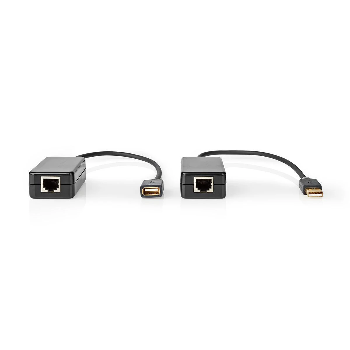 Nedis USB ilgintuvas | USB1.1 | 1x RJ45 moteriška | 1x USB-A lizdas | 1x USB-A kištukas | 1x RJ45 moteriška | 50 metrų | 12Mbps | paauksuotas | apvalus | PVC | juodas