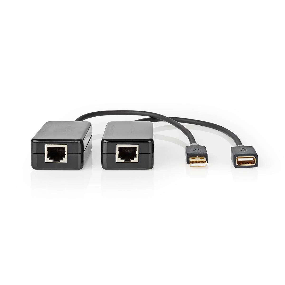 Nedis USB ilgintuvas | USB1.1 | 1x RJ45 moteriška | 1x USB-A lizdas | 1x USB-A kištukas | 1x RJ45 moteriška | 50 metrų | 12Mbps | paauksuotas | apvalus | PVC | juodas