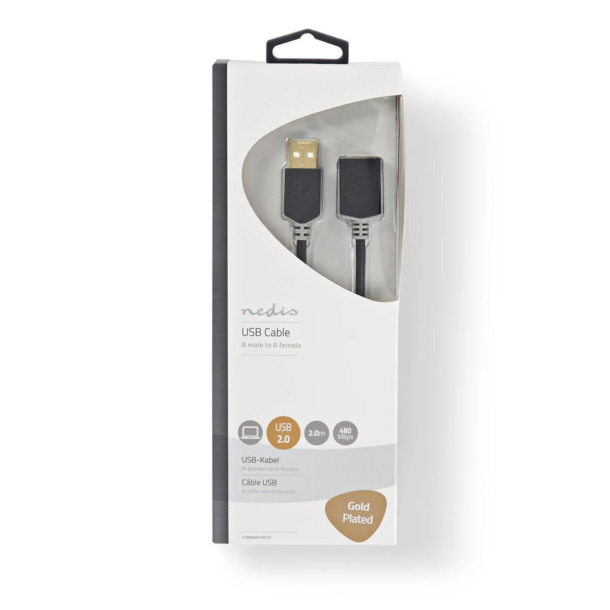 Nedis USB laidas | USB 2.0 | USB-A vyrelis | USB-A lizdas | 480Mbps | Paauksuotas | 2,00m | apvalus | PVC | Antracitas | Pakuotė su peržiūros langeliu