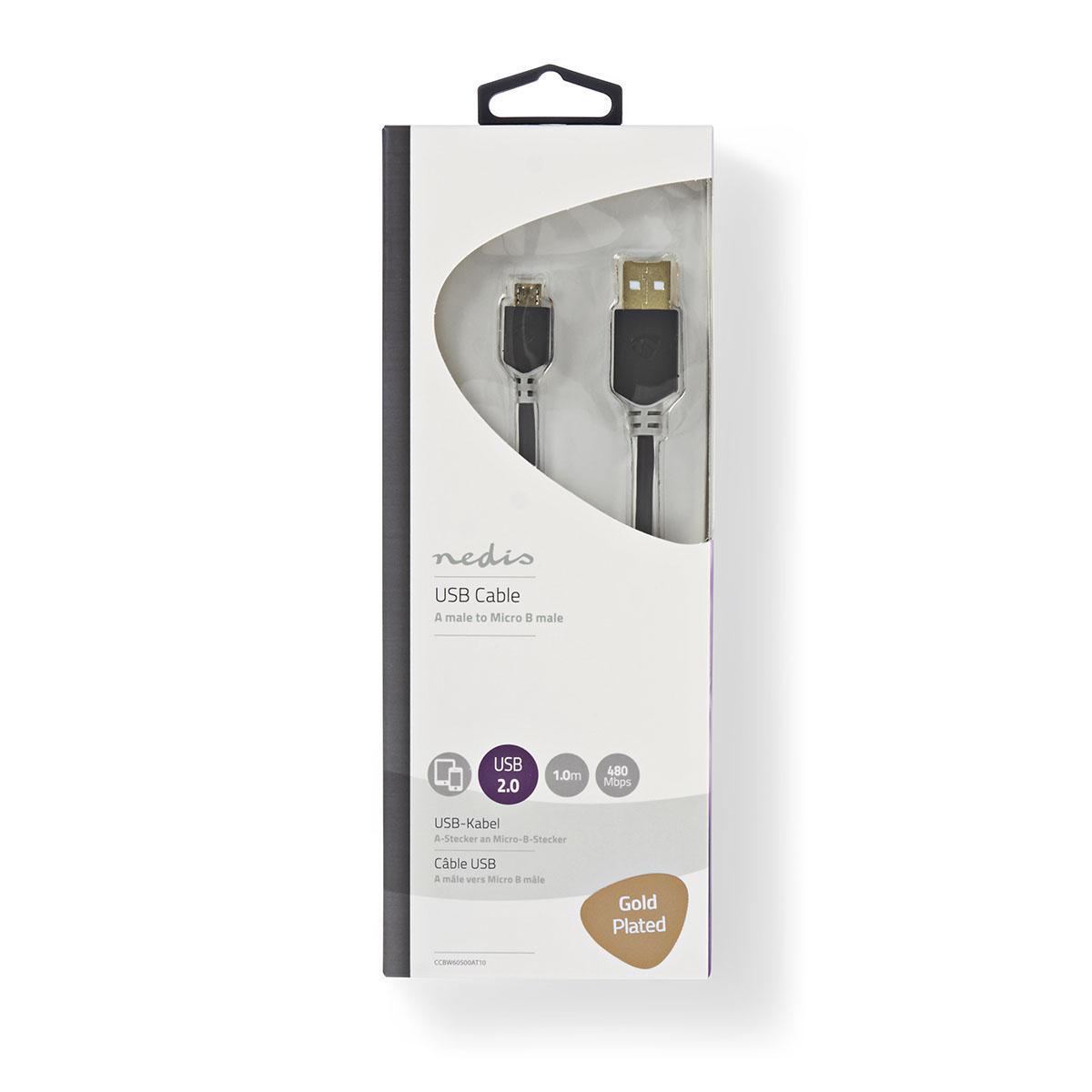 Nedis USB laidas | USB 2.0 | USB-A vyrelis | USB Micro-B jungtis | 480Mbps | Paauksuotas | 1,00 m | apvalus | PVC | Antracitas | Pakuotė su peržiūros langeliu