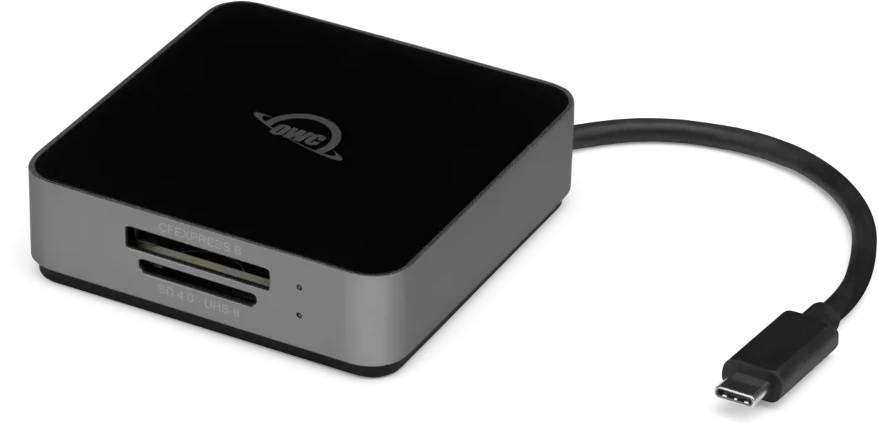 Skaitytuvas OWC Atlas Dual CFexpress + SD kortelių skaitytuvas: USB-C dviejų lizdų CFexpress Type B ir SDXC UHS-II kortelių skaitytuvas