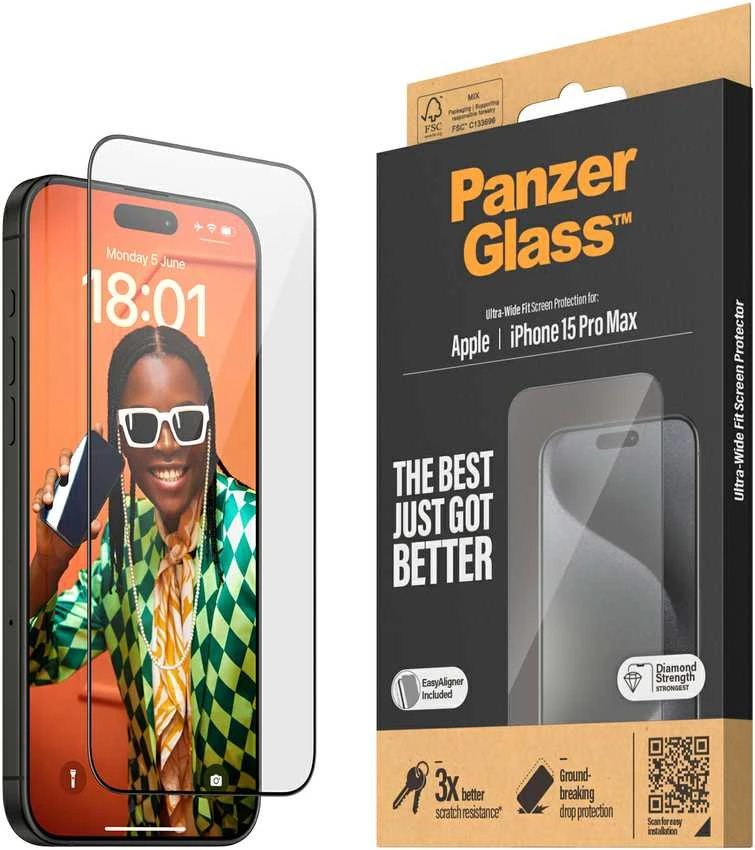 Panzer Glass PanzerGlass | Ekrano apsauga | Apple | IPhone 15 Pro Max | Stiklas | Skaidrus | Itin platus prigludimas, atsparus įbrėžimams, apsauga nuo kritimo, pridedamas „EasyAligner“.