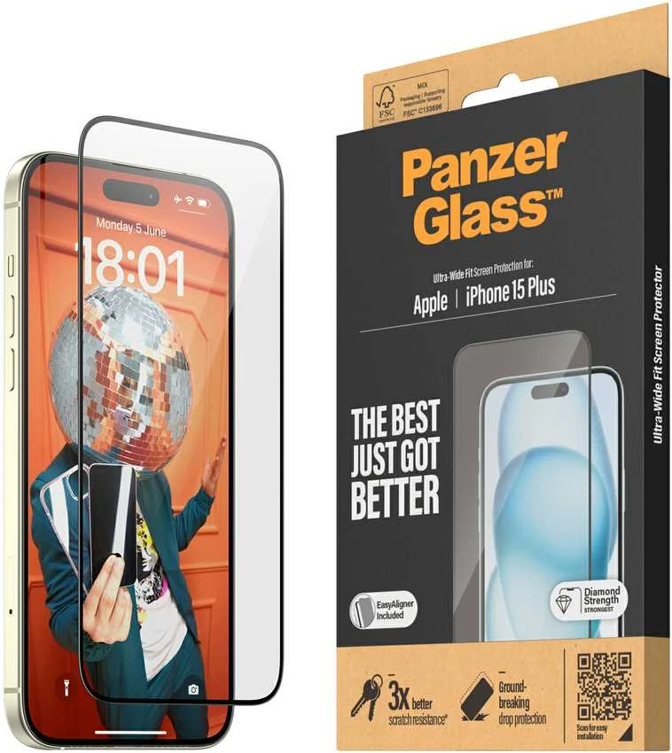 Panzer Glass PanzerGlass | Ekrano apsauga | Apple | IPhone 15 Plus | Stiklas | Skaidrus | Itin platus prigludimas, atsparus įbrėžimams, apsauga nuo kritimo, pridedamas „EasyAligner“.