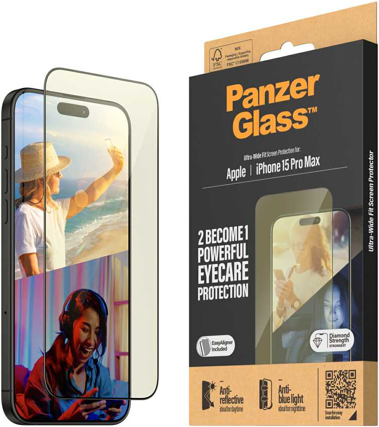 Panzer Glass PanzerGlass | Ekrano apsauga | Apple | iPhone 15 Pro Max | Stiklas | Išvalyti | Itin platus pritaikymas; Lengvas montavimas; Atsparus pirštų atspaudams; Anti-mėlynas šviesa; Neatspindintis; Apsaugo nuo pageltimo | Akių priežiūra