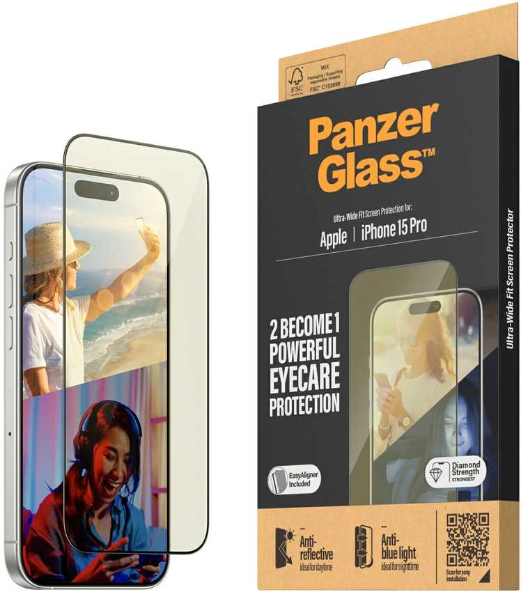 Panzer Glass PanzerGlass | Ekrano apsauga | Apple | iPhone 15 Pro | Stiklas | Išvalyti | Itin platus pritaikymas; Lengvas montavimas; Atsparus pirštų atspaudams; Anti-mėlynas šviesa; Neatspindintis; Apsaugo nuo pageltimo | Akių priežiūra