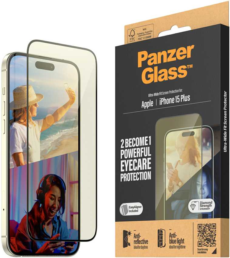 Panzer Glass PanzerGlass | Ekrano apsauga | Apple | iPhone 15 Plus | Stiklas | Išvalyti | Itin platus pritaikymas; Lengvas montavimas; Atsparus pirštų atspaudams; Anti-mėlynas šviesa; Neatspindintis; Apsaugo nuo pageltimo | Akių priežiūra