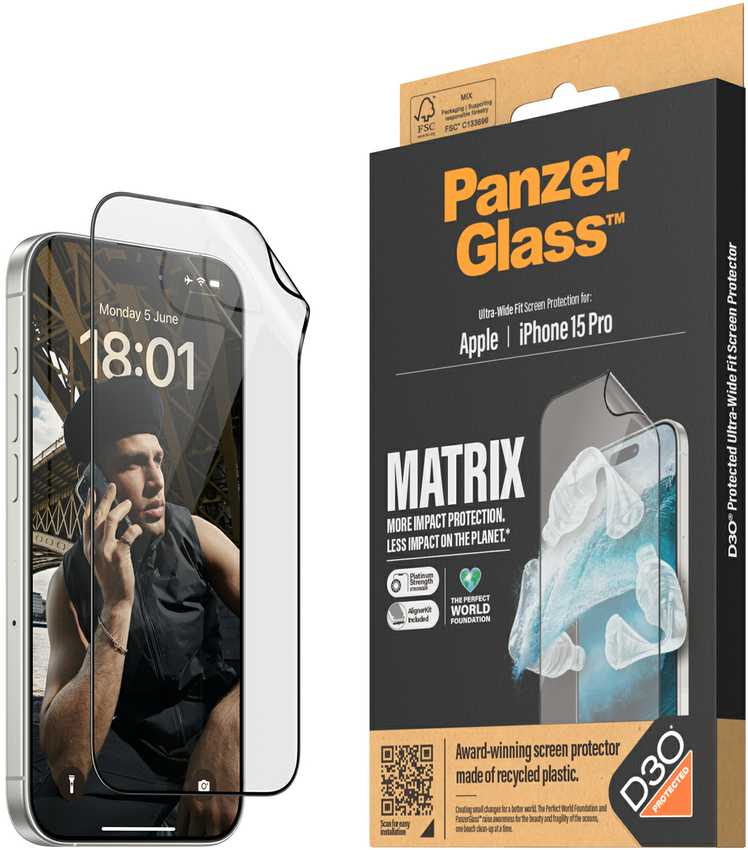 Panzer Glass PanzerGlass™ MATRIX ekrano apsauga su D3O iPhone 15 Pro | Itin platus pritaikymas w. AlignerKit