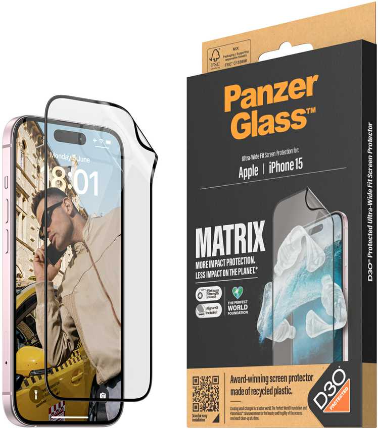 Panzer Glass PanzerGlass | Ekrano apsauga | Apple | iPhone 15 | Perdirbtas plastikas | Skaidrus | Itin platus pritaikymas; Lengvas montavimas; Atsparus pirštų atspaudams; Apsaugo nuo pageltimo; Lietimo jautrumas | MATRIX su D3O