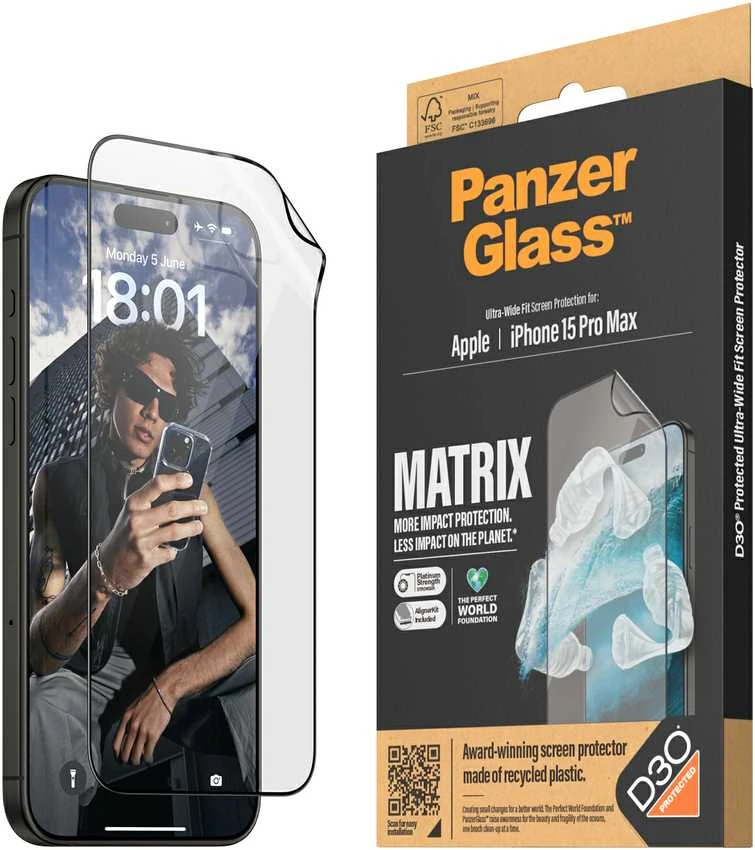 Panzer Glass PanzerGlass™ MATRIX ekrano apsauga su D3O iPhone 15 Pro Max | Itin platus pritaikymas w. AlignerKit