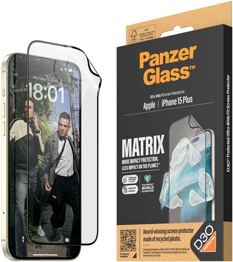 Panzer Glass PanzerGlass™ MATRIX ekrano apsauga su D3O iPhone 15 Plus | Itin platus pritaikymas w. AlignerKit