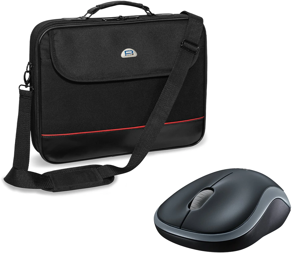Pedea "Trendline" 15,6", juodas + Logitech M185, kabellos, grau [juodas/raudona], Wasserabweisendes Nylon, Gepolsterter Rahmen