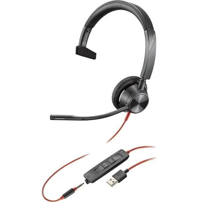 Poly Blackwire 3315 vienpusės ausinės su valdikliu ir USB jungtimi