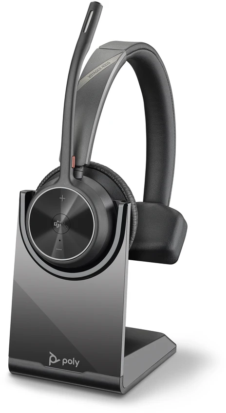 „Poly Plantronics Voyager 4310 UC Bluetooth“ ausinės, nano raktas su USB-C jungtimi, įkrovimo stotelė, sertifikuota MS, monofoninė