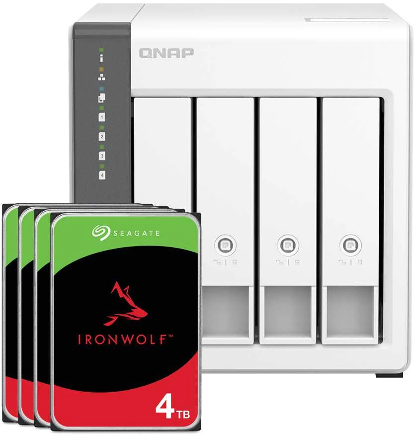 Serveris QNAP TS-433-4G 16TB Seagate IronWolf NAS rinkinys, įskaitant 4x 4TB Seagate IronWolf 3,5 colio SATA kietuosius diskus