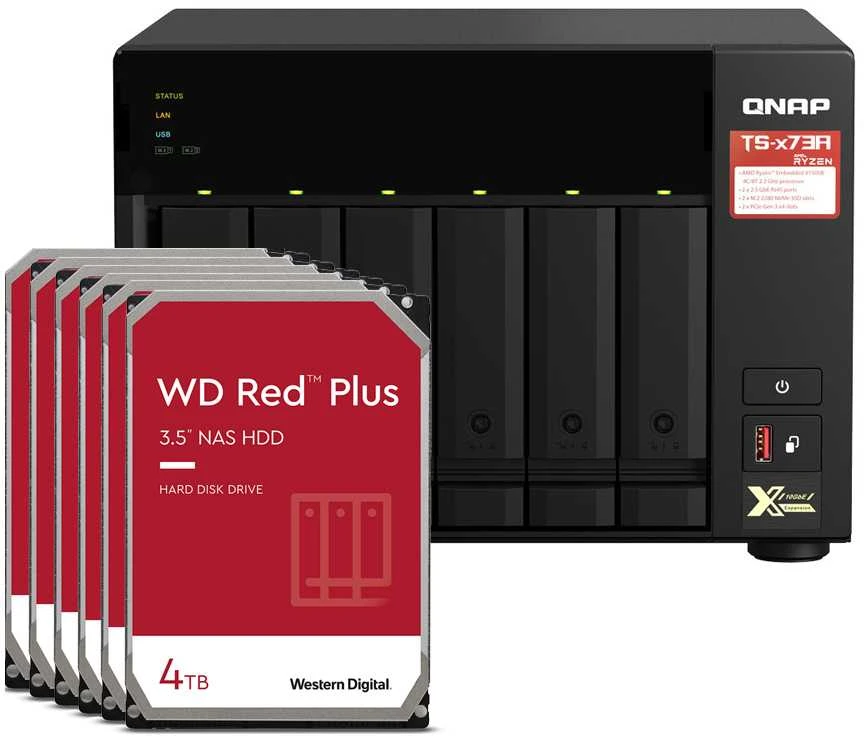 Serveris QNAP TS-673A-8G 24TB WD Raudona Plus NAS rinkinys, NAS su 6 x 4 TB WD Raudona Plus 3,5 colio SATA kietaisiais diskais