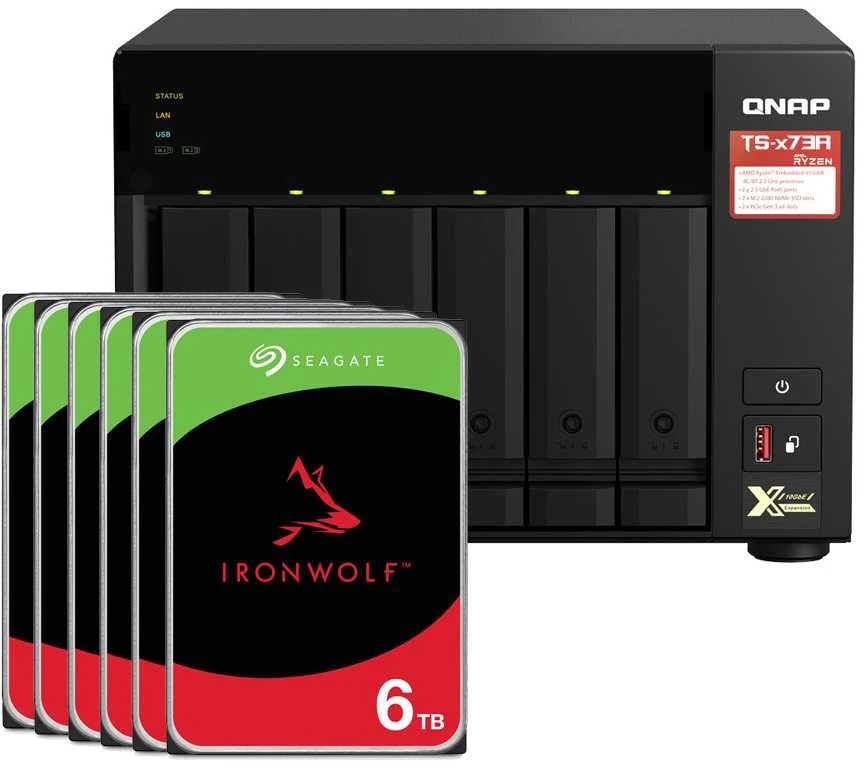 Serveris QNAP TS-673A-8G 36TB Seagate IronWolf NAS rinkinys, įskaitant 6 x 6 TB Seagate IronWolf 3,5 colio SATA kietuosius diskus
