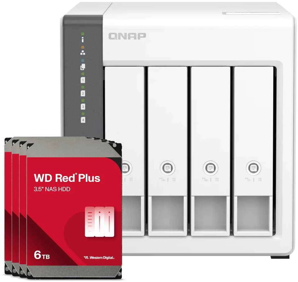 Serveris QNAP TS-433-4G 24TB WD Raudona Plus NAS paketas su 4x 6TB WD Raudona Plus 3,5 colio SATA kietuoju disku