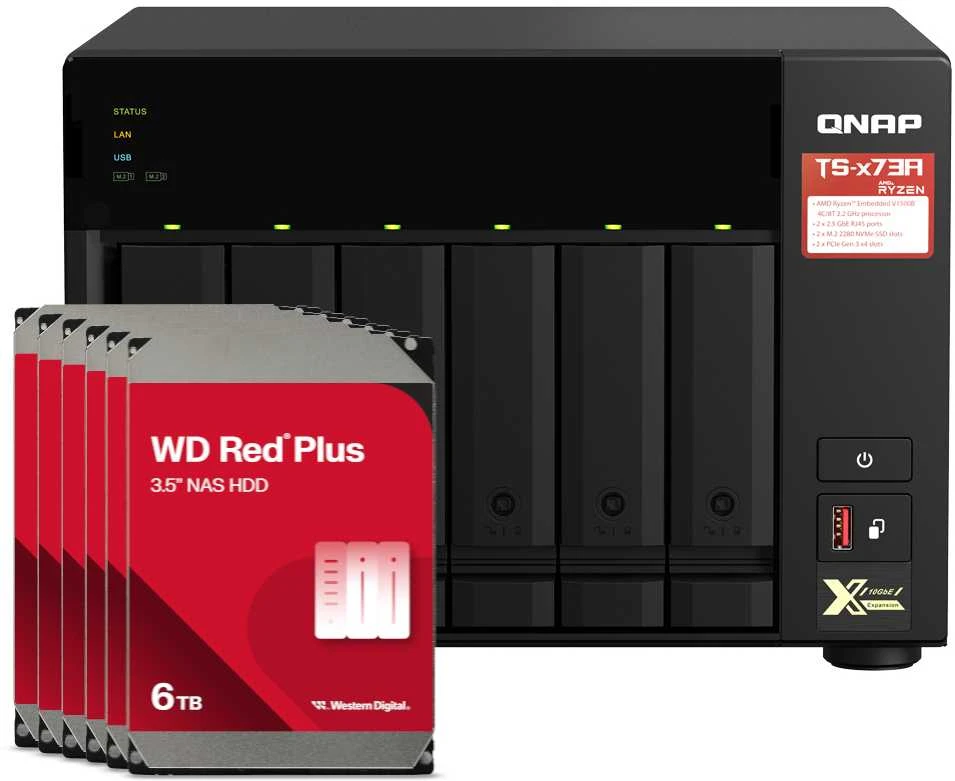 Serveris QNAP TS-673A-8G 36TB WD Raudona Plus NAS rinkinys, NAS su 6 x 6 TB WD Raudona Plus 3,5 colio SATA kietaisiais diskais