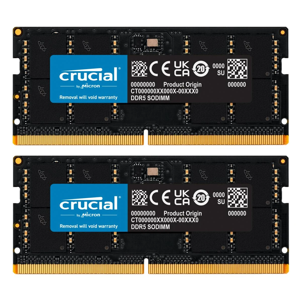 Dvi Crucial DDR5 SODIMM atminties plokštės