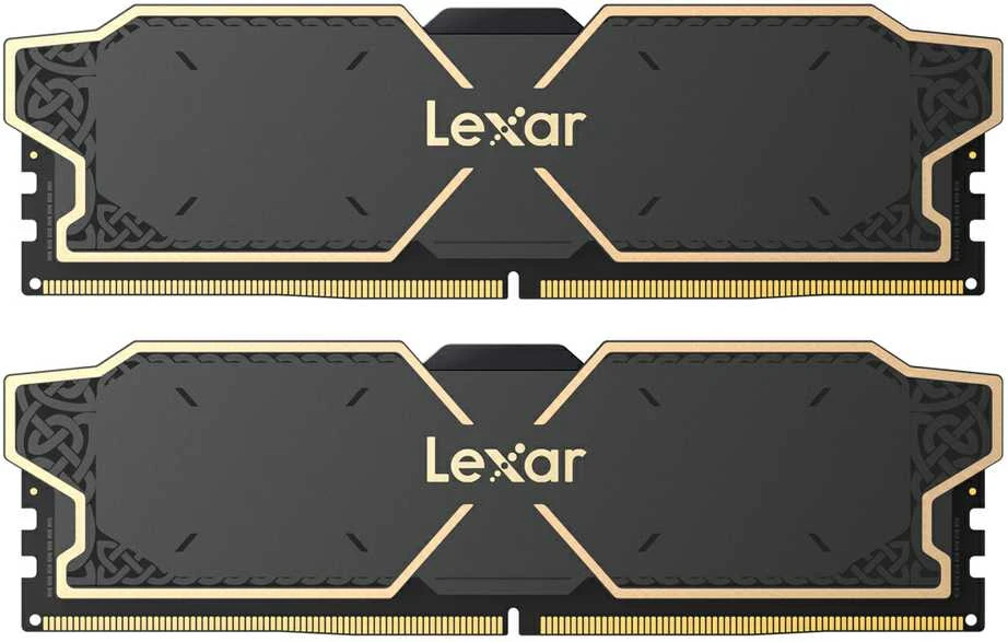 Lexar DDR5 RAM atmintis su juodais ir auksiniais radiatoriais