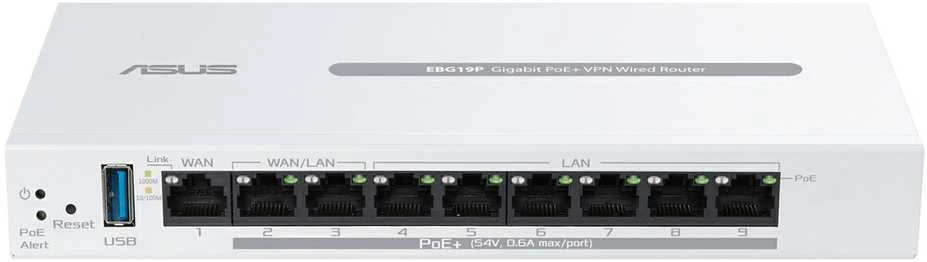 Asus | 9 prievadų gigabito „PoE+“ VPN, laidinis, maršrutizatorius | EBG19P | 802.11ac | Ethernet LAN (RJ-45) jungtys 8 | Tinklo palaikymas: Taip | MU-MiMO: Ne | 5G | Antenos tipas: Vidinė