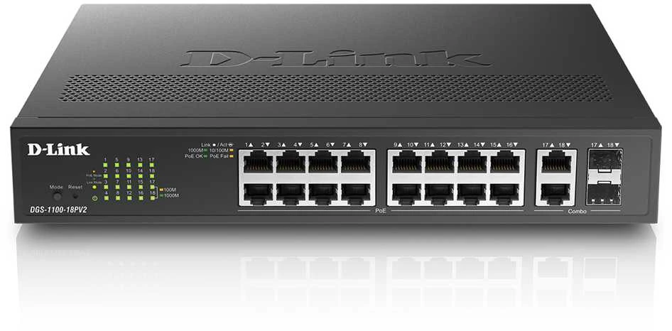 Šakotuvas DLI D-Link DGS-1100-18PV2 tinklo komutatorius Valdomas L2 Gigabit Ethernet (10/100/1000) Maitinimas per Eternetą (PoE) 1U Juoda