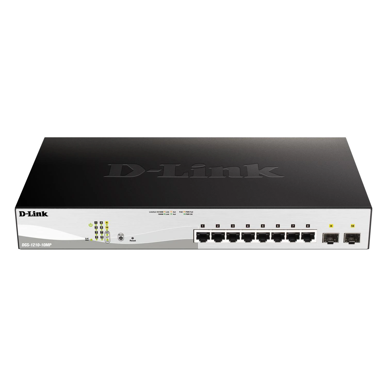 Šakotuvas D-Link jungiklis DGS-1210-10MP žiniatinklio valdymas, stalinis kompiuteris, 1 Gbps (RJ-45) jungčių kiekis 8, SFP jungčių kiekis 2, PoE+ jungčių kiekis 8, maitinimo tipas vienvietis
