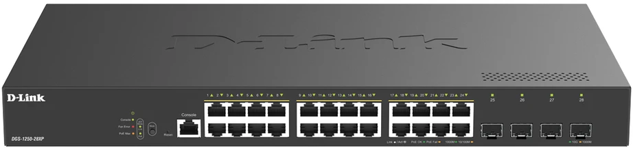 Šakotuvas D-LINK Smart+ Nuclias L2+ 24 Gigabit PoE/PoE+ jungtys and 4 10 GbE SFP+ jungtys Budget PoE 375W ONVIF switch