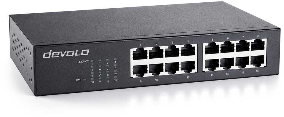 Šakotuvas „devolo“ Ethernet komutatorius, 16 prievadų, 16x gigabito Ethernet
