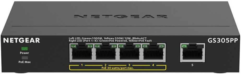 Šakotuvas NETGEAR GS305PP nevaldomas gigabito eternetas (10/100/1000) su maitinimu per eternetą (PoE) Juodas