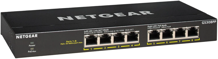 Šakotuvas NETGEAR GS308PP 8 prievadų nevaldomas jungiklis [8x Gigabit-LAN, PoE+ 83W, Lüfterlos]