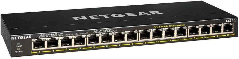 Šakotuvas NETGEAR GS316P SOHO nevaldomas jungiklis [16x Gigabit Ethernet PoE+, 115W]