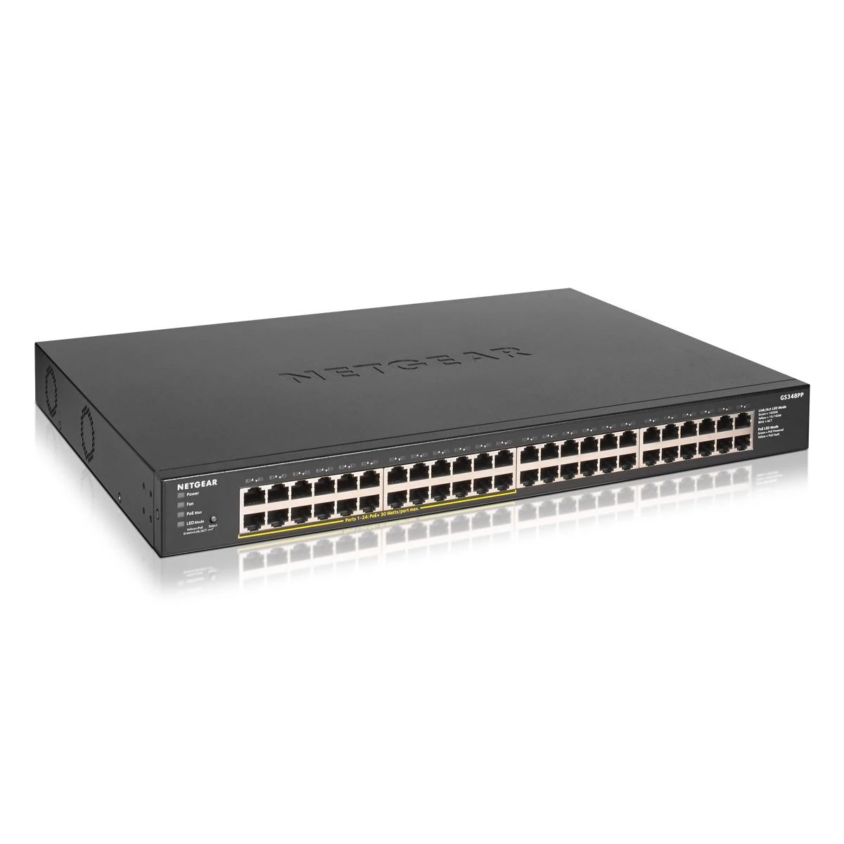 Serveris Netgear GS348PP Ne-valdomas Gigabit Ethernet (10/100/1000) Juoda Maitinimas per Eternetą (PoE)