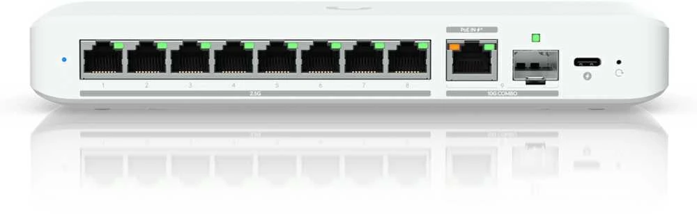 Šakotuvas UBIQUITI FLEX 2.5G LANKSTUSIS, 8 PRIESTŲ 2.5 GBE JUNGIKLIS SU 10 GBE RJ45/SFP+ KOMBINUOTU UPLINK PRIEDAS, GALIMA MAITINTI SU USB-C ARBA POE+ ADAPTERIU