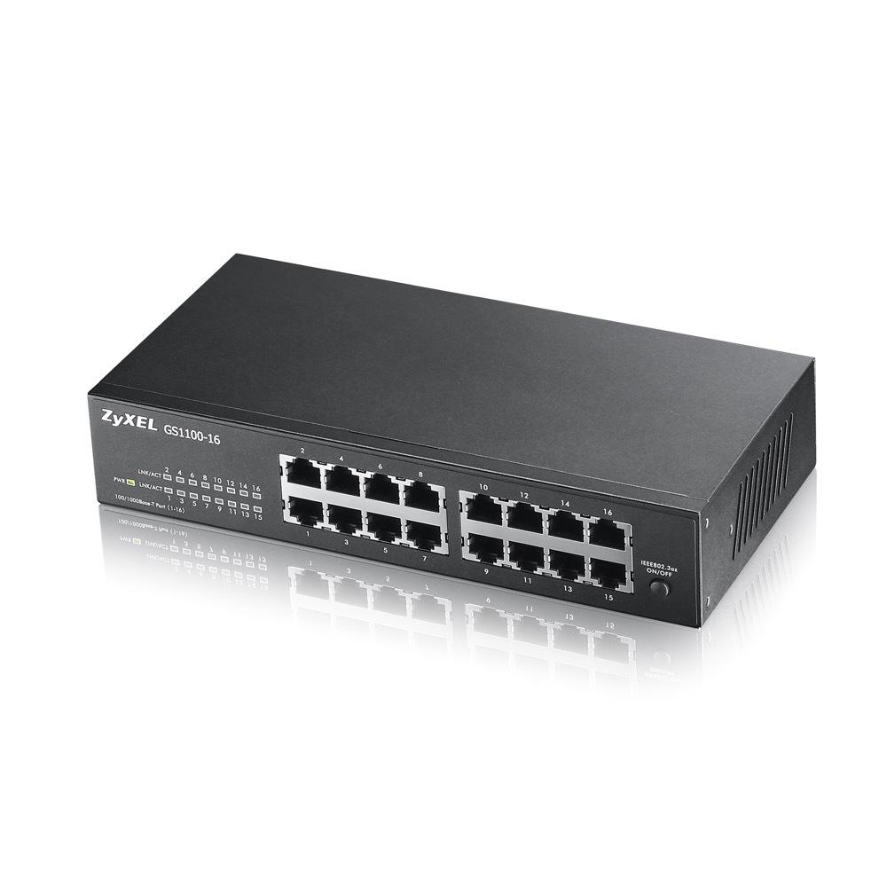 „Zyxel GS1100-16/16-port 10/100/1000Mbps Gigabit Ethernet“ komutatorius, be ventiliatoriaus, 802.3az (Žalias), darbalaukio