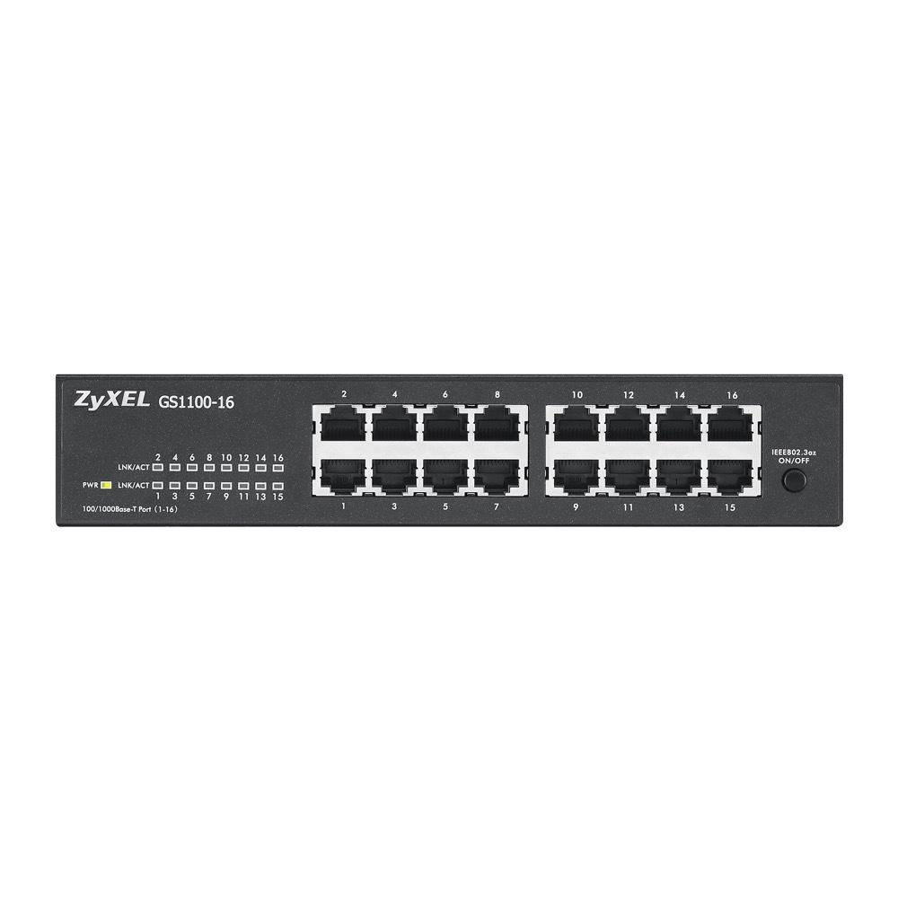 „Zyxel GS1100-16/16-port 10/100/1000Mbps Gigabit Ethernet“ komutatorius, be ventiliatoriaus, 802.3az (Žalias), darbalaukio