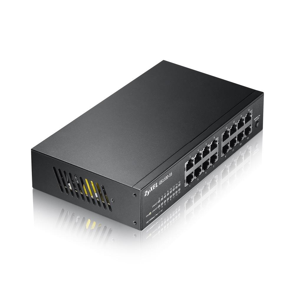 „Zyxel GS1100-16/16-port 10/100/1000Mbps Gigabit Ethernet“ komutatorius, be ventiliatoriaus, 802.3az (Žalias), darbalaukio