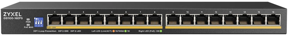 Šakotuvas Komutatorius Zyxel GS1100-16EpS-EU0101F 16p PoE 135W (PoE+:16;) nevaldomas, DIP, be ventiliatoriaus, plonas