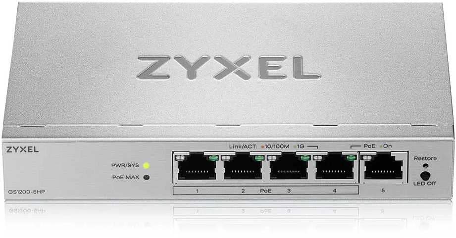Šakotuvas „Zyxel GS1200-5HPV3“ valdomas L2 gigabito Ethernet (10/100/1000) maitinimas per Ethernet (PoE) darbalaukio pilkas