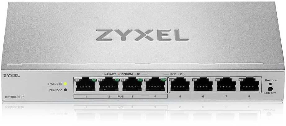 Šakotuvas „Zyxel GS1200-8HPV3“ valdomas L2 gigabito Ethernet (10/100/1000) maitinimas per Ethernet (PoE) darbalaukio pilkas