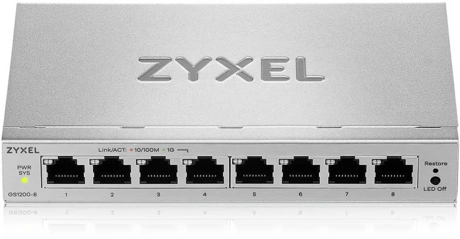 Šakotuvas „Zyxel GS1200-8V3“ valdomas L2 gigabito eterneto (10/100/1000) darbalaukio tinklas su pilkomis plokštėmis
