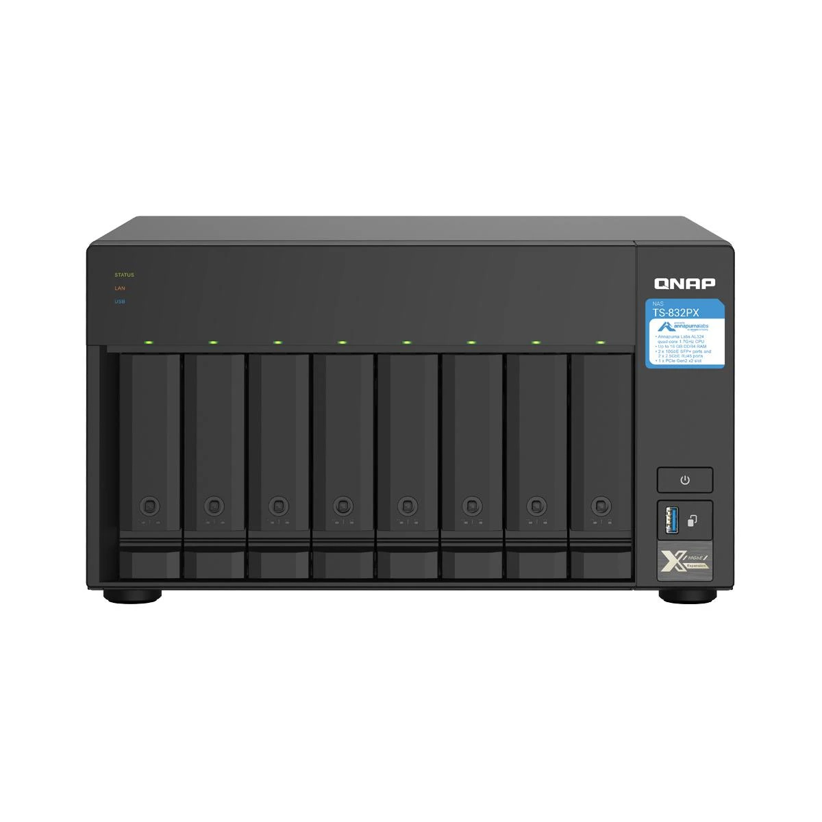 Qnap Systems QNAP TS-832PX-4G 8 skyrių NAS serveris AL324 1.7GHz keturių branduolių 4GB DDR4 SODIMM maks. 16GB 2x10GbE SFP+ LAN + 2x2.5GbE