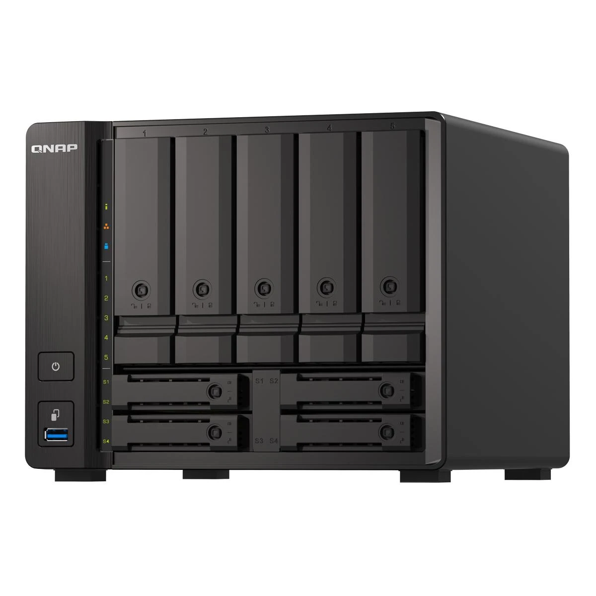 Serveris Qnap Systems QNAP 9 skyrių NAS AMD Ryzen V1500B 32GB DDR4 SODIMM 5x2.5in/3.5in SATA 6Gbps + 2x2.5in U.2 NVMe PCIe Gen3 x4