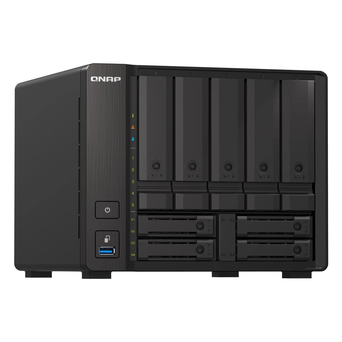 Serveris Qnap Systems QNAP 9 skyrių NAS AMD Ryzen V1500B 32GB DDR4 SODIMM 5x2.5in/3.5in SATA 6Gbps + 2x2.5in U.2 NVMe PCIe Gen3 x4