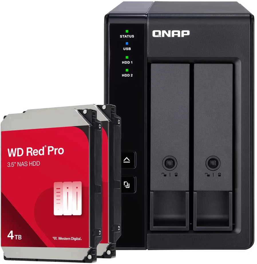 Serveris QNAP TR-002 8TB WD Raudona Pro HDD NAS-Bundle NAS-Erweiterungsgehäuse inkl. 2x 4TB WD Raudona Pro HDD 3.5 col. SATA